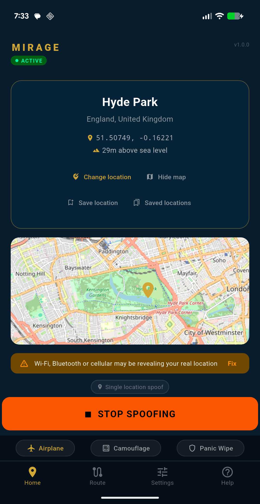 Mirage home screen with Hyde Park active
