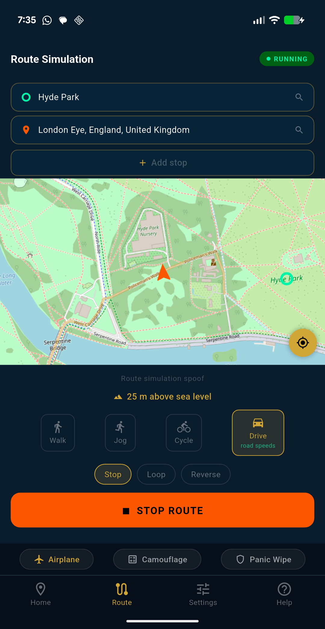 Route simulation between Hyde Park and London Eye