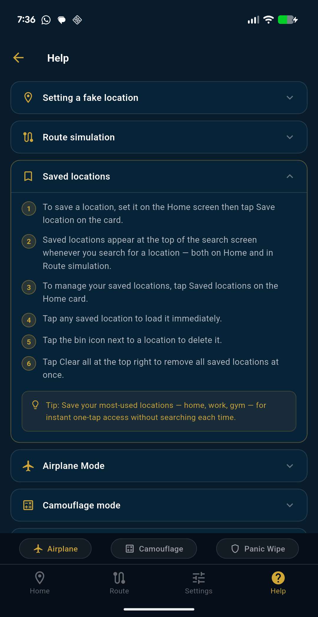 Built-in help screen